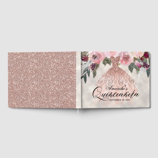 Trendy Floral Rose Gold Gown Quinceañera Gästebuch (Voll)