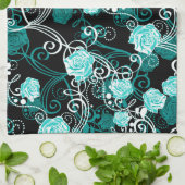 Trendy Floral | Schwarze Türkis und Weiße Rosen Geschirrtuch (Gefaltet)