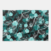 Trendy Floral | Schwarze Türkis und Weiße Rosen Geschirrtuch (Horizontal)