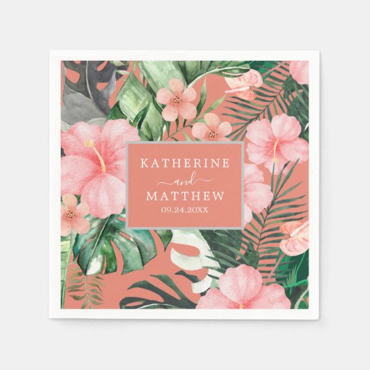 Trendy Floral Watercolor Tropische Grüne Hochzeit Serviette (Vorderseite)