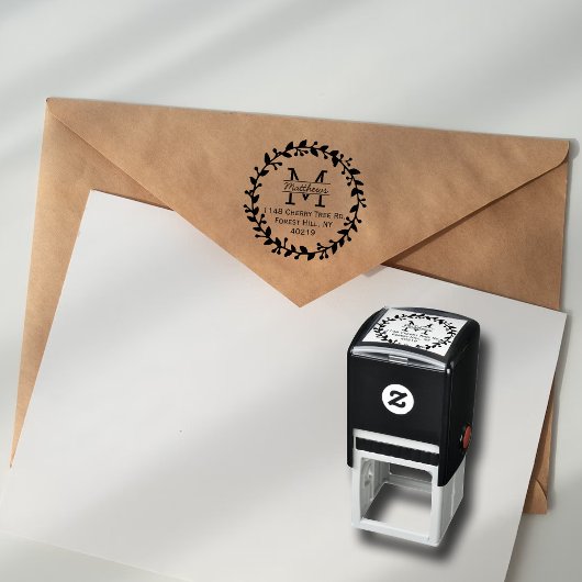 Trendy Floral Wreath Custom Monogram Permastempel