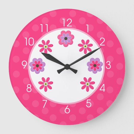 Trendy Flowers Girly Nursery Clock - Pink Große Wanduhr (Vorderseite)
