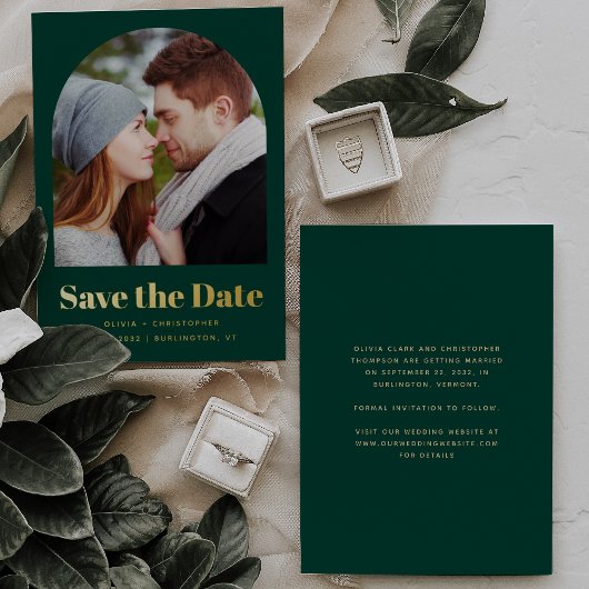 Trendy Foto Arch Green Gold Save the Date Folieneinladung