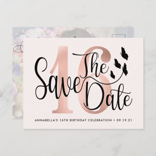 Trendy Foto Sweet 16 Save the Date Postcard Postkarte (Vorne/Hinten)