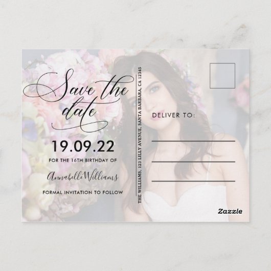 Trendy Foto Sweet 16 Save the Date Postcard Postkarte (Rückseite)