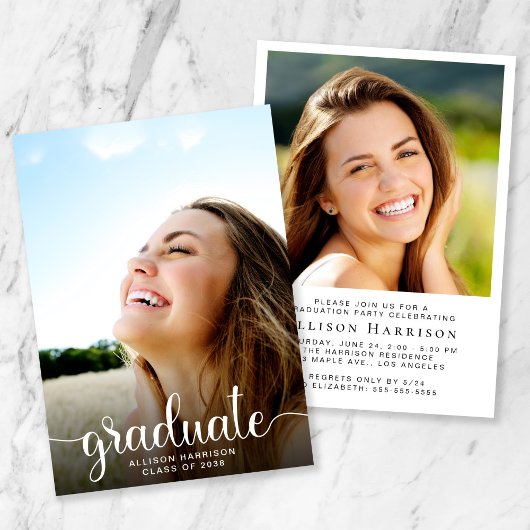 Trendy Foto White Script Graduation Party Einladung