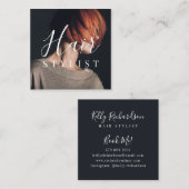Trendy Friseur White Script Friseur Foto Quadratische Visitenkarte (Vorne/Hinten)