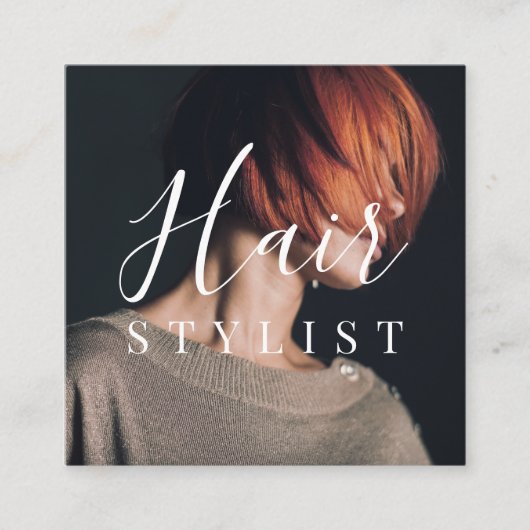Trendy Friseur White Script Friseur Foto Quadratische Visitenkarte (Vorderseite)