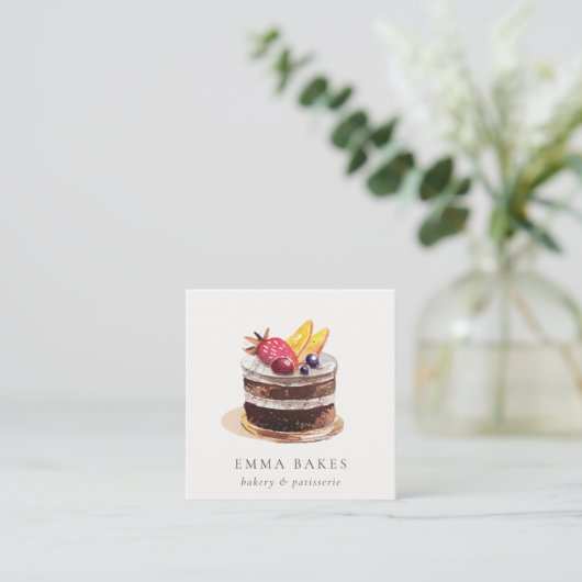 TRENDY FRUIT FLORAL CAKE PATISSERIE CUPCAKE BAKERY QUADRATISCHE VISITENKARTE (Stehend Vorderseite)