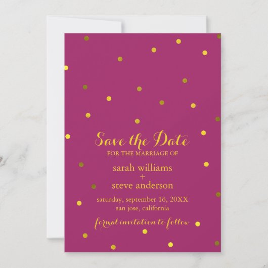 Trendy Fuchsia Imitate Gold Foil Dots Save the Dat Date (Vorderseite)