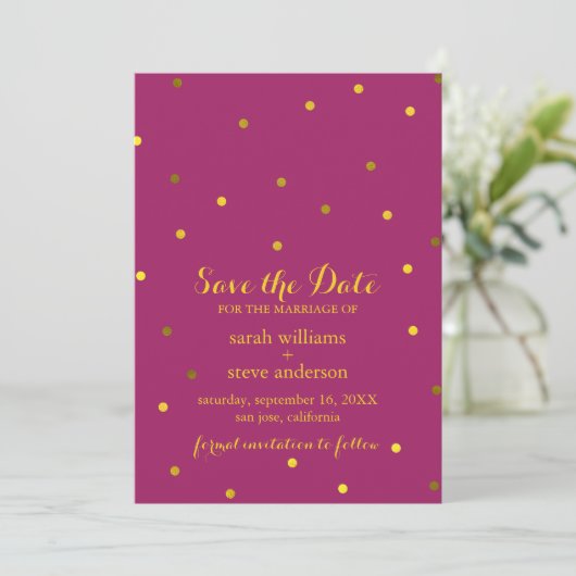 Trendy Fuchsia Imitate Gold Foil Dots Save the Dat Save The Date (Stehend Vorderseite)