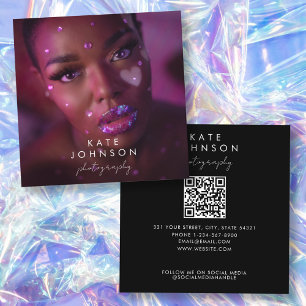 Trendy Full Foto QR Code Script Calligraphy Quadratische Visitenkarte