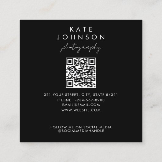 Trendy Full Photo QR Code Script Calligraphy Quadratische Visitenkarte (Rückseite)