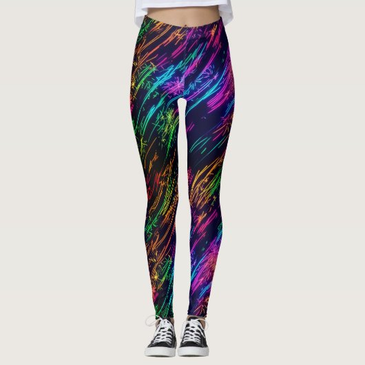 Trendy Fun Colorful Rainbow Fireworks Black Party Leggings (Vorderseite)