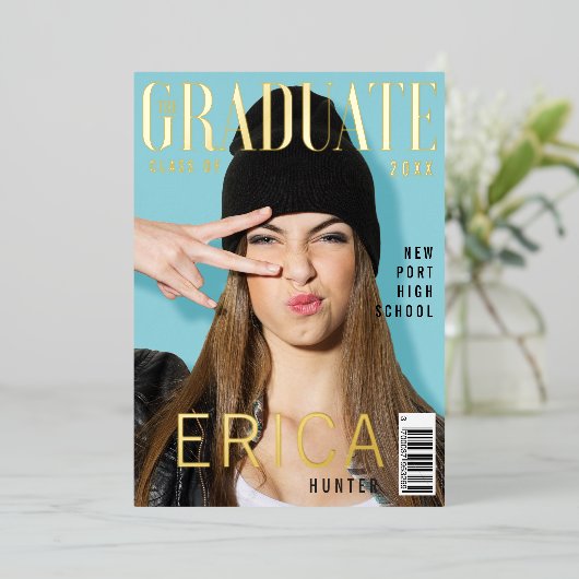 Trendy Fun Graduate Magazine Cover Inspiriert Grad Folieneinladung (Stehend vorne)