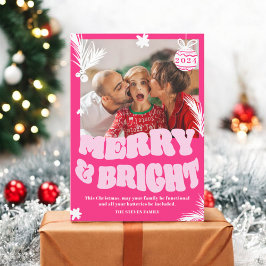 Trendy Fun Merry & Bright Pink Weihnachts-Foto Feiertagskarte