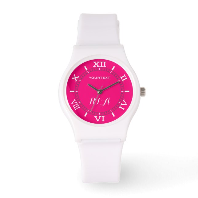 Trendy Fushia Hot Pink Custom Friendy Monogram Armbanduhr (Vorderseite)