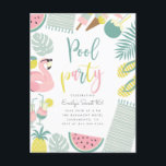 Trendy Geburtstag des Einladungspostkarte<br><div class="desc">Feiern Sie Ihren 16. Geburtstag mit diesen modischen Sommergeburtstagseinladungen! Tropisches Blätter kennzeichnend,  Eiscreme Flamingopoolfloss,  Ananas,  Getränke,  Kokosnuss,  Wassermelone,  Tücher,  Purzelbäume. "Pool-Party" wird in einem niedlichen bunten Skript angezeigt. Personifizieren Sie leicht mit Ihren Partysonderkommandos in einer einfachen Typografie. Umkehrung zu den von Hand gezeichneten Linien gegen blauen Pastellhintergrund.</div>