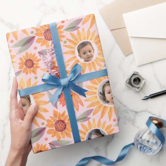 Trendy Gelbe Sonnenblumen Blush Pink 3 Foto Geschenkpapier (Schenken)