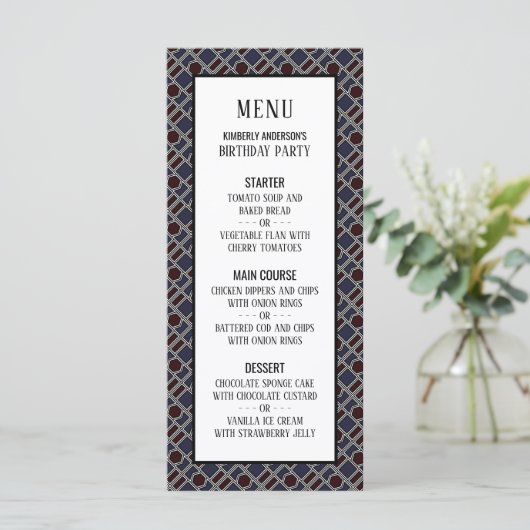 Trendy Geometric Pattern, Modern Birthday Menu Menükarte (Stehend Vorderseite)