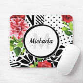 Trendy Geometric Stripe Muster Red Foral Monogram Mousepad (Mit Mouse)