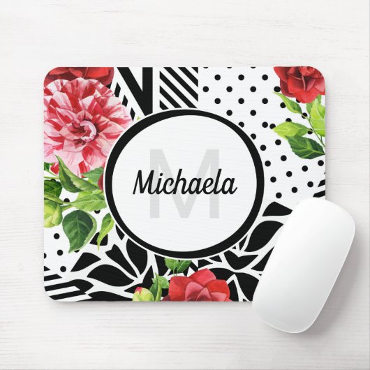 Trendy Geometric Stripe Muster Red Foral Monogram Mousepad (Mit Mouse)