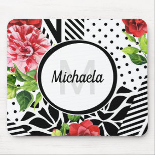 Trendy Geometric Stripe Muster Red Foral Monogram Mousepad