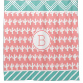 Trendy Geometric & White Cactus | Monogramm Duschvorhang (Vorderseite)