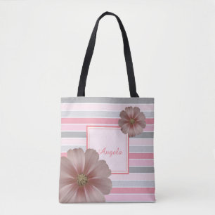 Trendy Gestreift, Blumen - Personalisiert Tasche