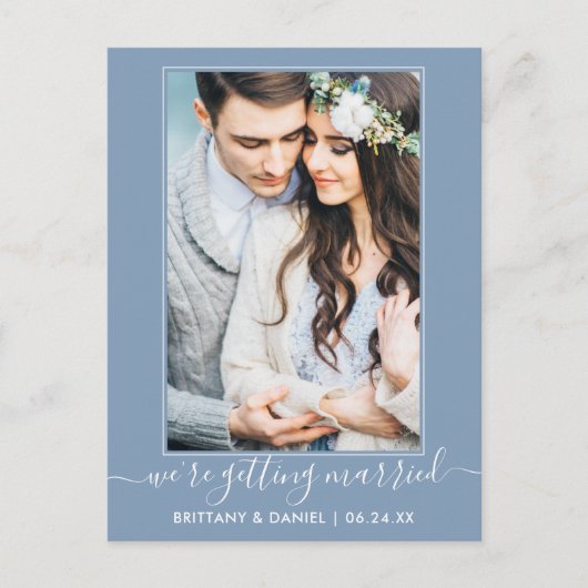 Trendy Getting Married Dusty Blue Save the Date Postkarte (Vorderseite)