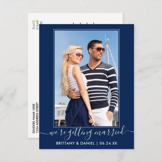 Trendy Getting Married Navy Blue Save the Date Postkarte (Vorne/Hinten)