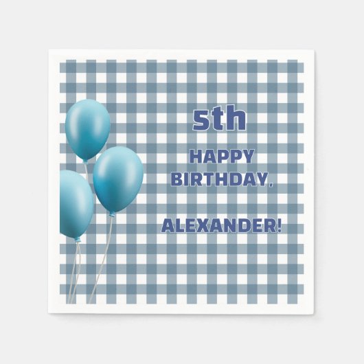 Trendy Gingham Blue 5th Birthday Personalized Serviette (Vorderseite)