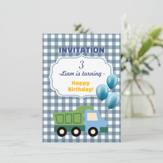 Trendy Gingham Blue Construction 3rd Birthday  Einladung (Stehend Vorderseite)