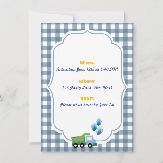 Trendy Gingham Blue Construction 3rd Birthday  Einladung (Rückseite)