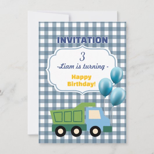 Trendy Gingham Blue Construction 3rd Birthday  Einladung (Vorderseite)