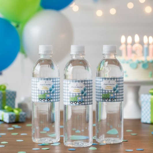 Trendy Gingham Blue Construction 3rd Birthday  Wasserflaschenetikett
