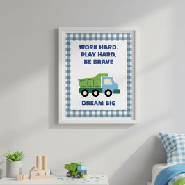 Trendy Gingham Blue Work Hard Play Hard Boys Room  Poster