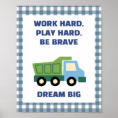 Trendy Gingham Blue Work Hard Play Hard Boys Room Poster (Vorne)