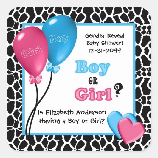 Trendy Giraffe Print Gender Reveal Baby Dusche Quadratischer Aufkleber (Vorderseite)