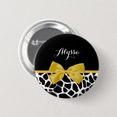 Trendy Giraffe Print Golden Yellow Bow mit Namen Button (Vorne & Hinten)
