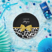 Trendy Giraffe Print Golden Yellow Bow mit Namen Pappteller (Party)