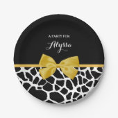 Trendy Giraffe Print Golden Yellow Bow mit Namen Pappteller (Vorderseite)