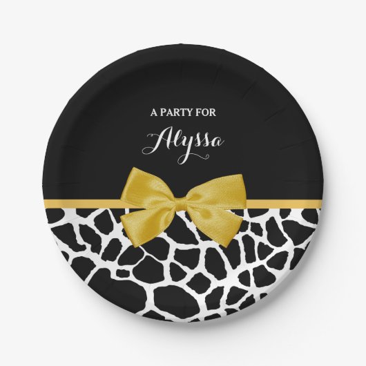 Trendy Giraffe Print Golden Yellow Bow mit Namen Pappteller (Vorderseite)