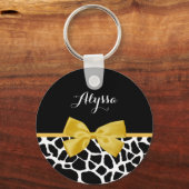 Trendy Giraffe Print Golden Yellow Bow mit Namen Schlüsselanhänger (Vorderseite)
