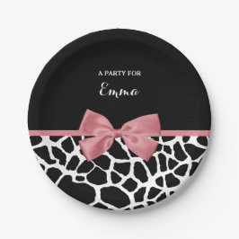 Trendy Giraffe Print Rosy Pink Bow mit Namen Pappteller