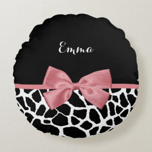 Trendy Giraffe Print Rosy Pink Bow mit Namen Rundes Kissen