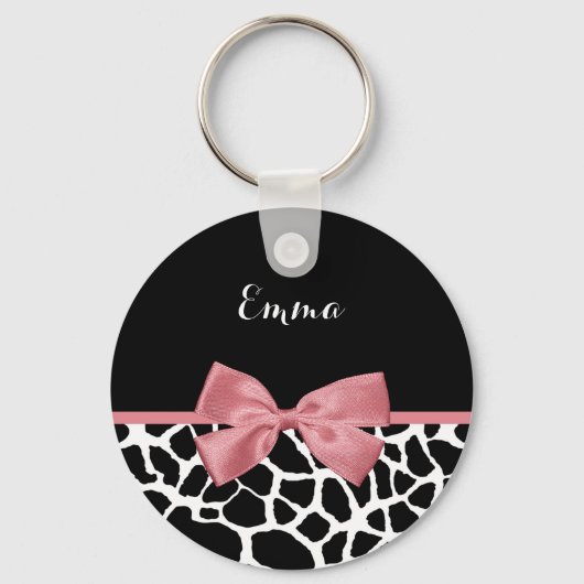 Trendy Giraffe Print Rosy Pink Bow mit Namen Schlüsselanhänger (Vorderseite)
