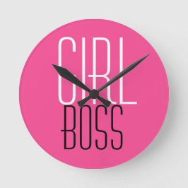 Trendy Girl Boss Typography White Black Hot Pink Runde Wanduhr