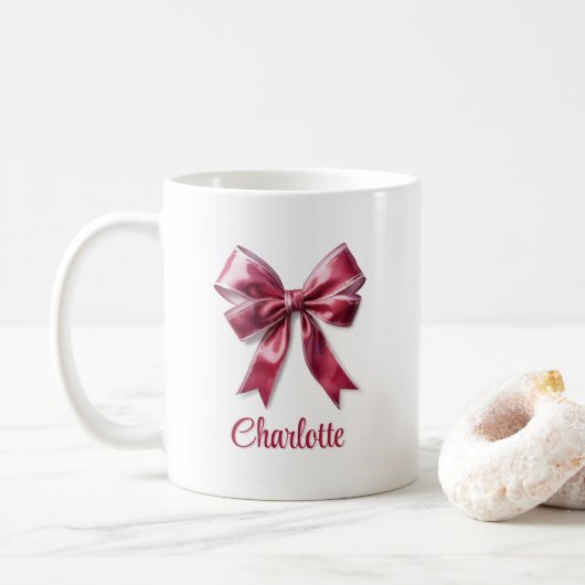 Trendy Girly Coquette Pink Bow Tasse (Mit Donut)