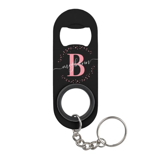 Trendy Girly Pink Black Name Script Mit Monogramm Mini Flaschenöffner (Rückseite)